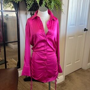 *NEW* Fuchsia Satin Shirt Dress w/ Drawstrings Sides